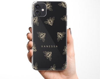 Funda transparente para teléfono con estampado de abeja personalizado y nombre personalizado.