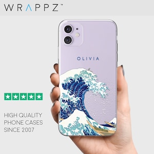 May include: A clear phone case with a purple background and a blue and white wave design. The case has a name "Olivia" printed on the back.