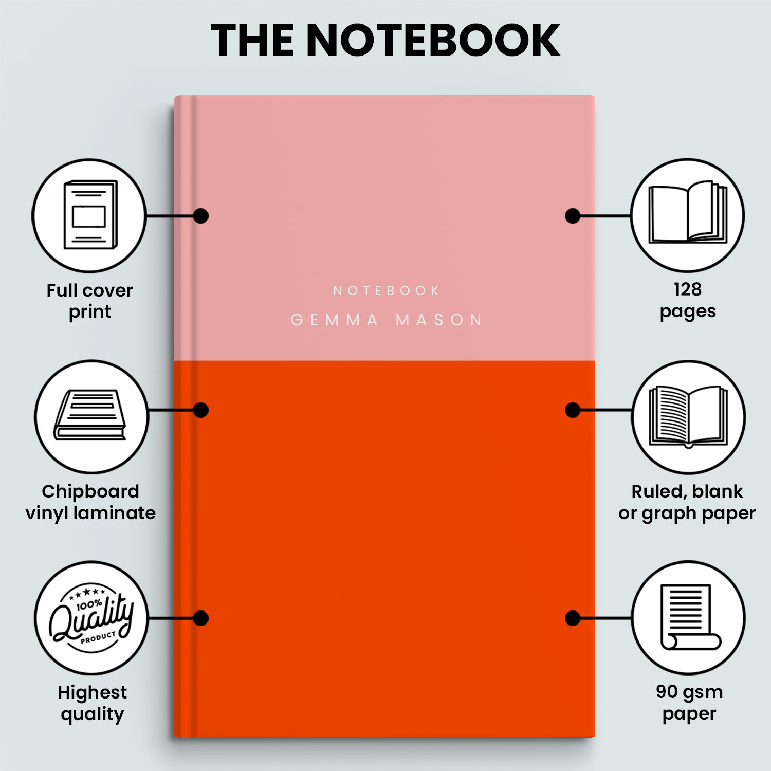 Personalised Name Hardback Notebook, Size A5 or A4, 128 pages, Colourblock Design, Custom Journal, Line, Graph or Plain Paper | Gift for Her