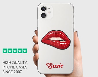 Funda transparente personalizada para teléfono, diseño con nombre y labios rojos, TPU protector