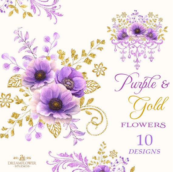 Watercolor Purple Flowers Purple Flower Clipart Gold Etsy