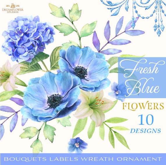 Blue Watercolor Flowers Clipart Blue Flowers Clipart Etsy