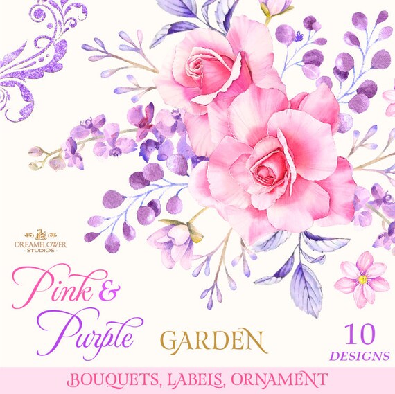 Watercolor Roses Clipart Pink And Purple Flower Clipart Etsy