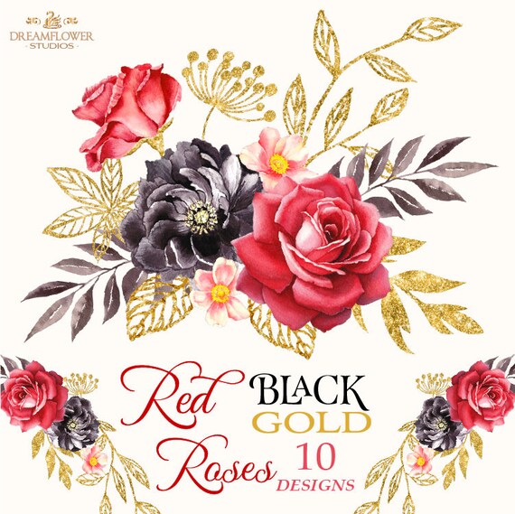 Download Red And Black Watercolor Flowers Gold Red Roses Clipart Red Etsy