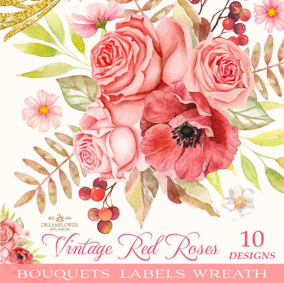 Red Roses Watercolor Clipart Red Flower Clipart Roses Etsy