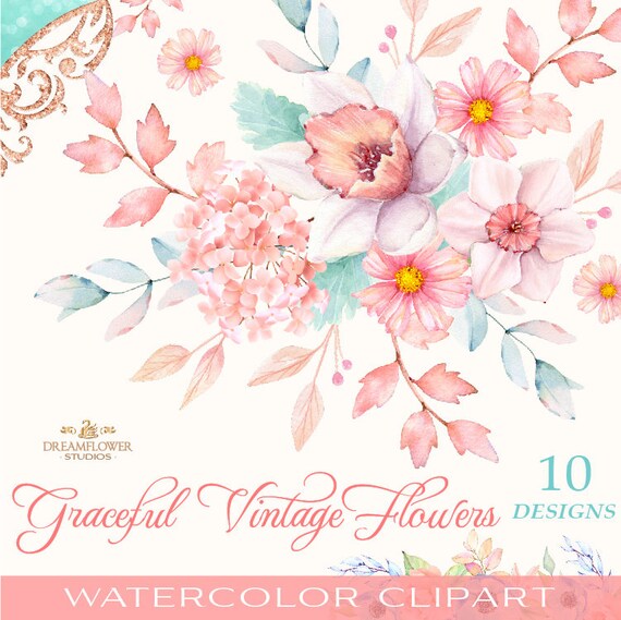 Vintage Flower Clipart Vintage Watercolor Clipart Floral Etsy