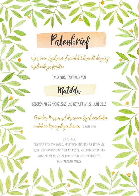 Patenbrief Geschenk Zur Taufe A4 Etsy