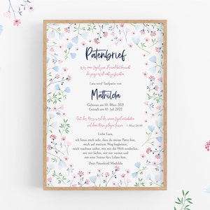 Patenbrief Blumen / Geschenk an Patentante zur Taufe / Geschenk an Patenonkel / Din A4