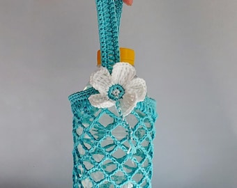 Handmade Crocheted Water Bottle Holder: Cotton Cozy Drink Bag