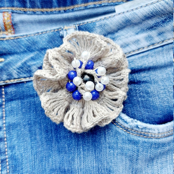 Original brooch, gray linen brooch as a gift for her, knitted jewellery handmade