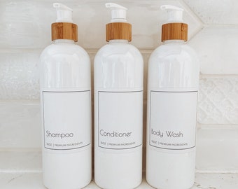 White Shampoo/Conditioner Bottles, Minimalist Shower Dispenser Set, Bathroom Organization, Waterproof Labels, Refillable Bottles