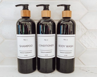 Bathroom Bottles |  |Shampoo bottle| Soap Dispenser Pump | Bamboo Shower bottle set   | Gift | Housewarming Gift | Waterproof Labels