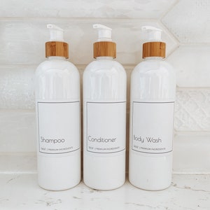 White Shampoo/Conditioner Bottles, Minimalist Shower Dispenser Set, Bathroom Organization, Waterproof Labels, Refillable Bottles