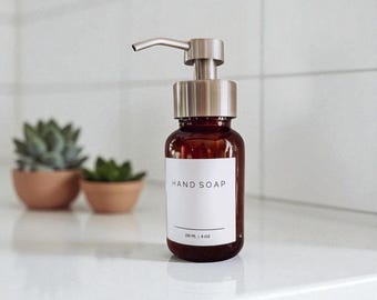 Amber Glass Foaming Soap Dispenser: Refillable Bottle with Waterproof Label