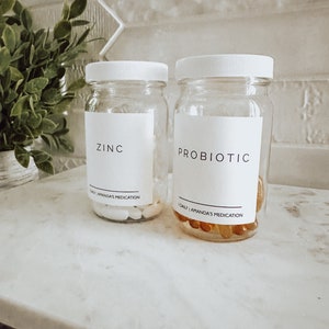 8 oz Glass Pill Bottles, Waterproof Labels, Amber or Clear Medicine Jars, Refillable, Apothecary Storage, Essential Oil Container