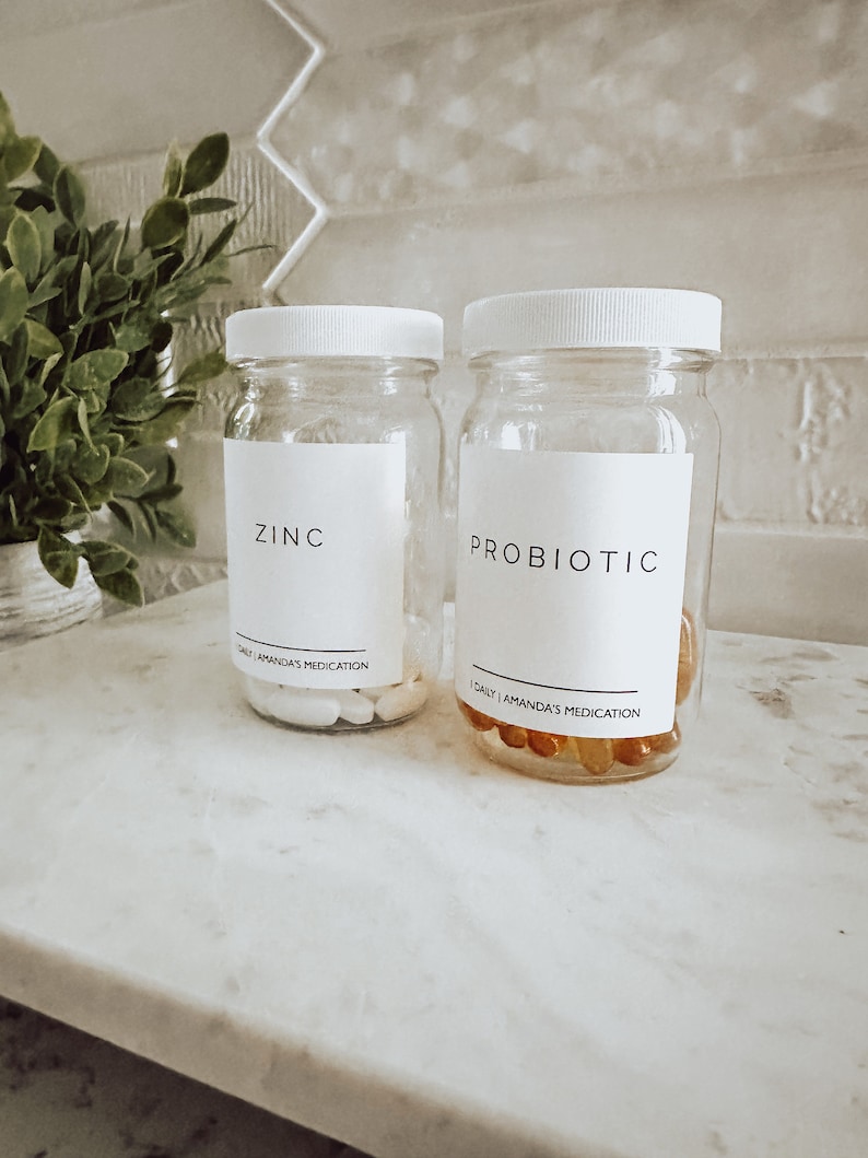 8 oz Glass Pill Bottles, Waterproof Labels, Amber or Clear Medicine Jars, Refillable, Apothecary Storage, Essential Oil Container