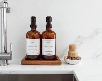 Glass Soap Dispensers with Pump 16 oz |Minimalist Refillable Hand Soap & Dish Soap Bottles with Waterproof Labels| Modern Kitchen Decor