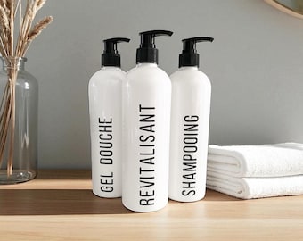 16 oz Slim Waterproof French Label Shower Bottles with Pump - Minimalist, Refillable Dispensers for Shampooing, Gel Douche, Revitalisant