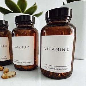 8 oz Glass Pill Bottles, Waterproof Labels, Amber or Clear Medicine Jars, Refillable, Apothecary Storage, Essential Oil Container