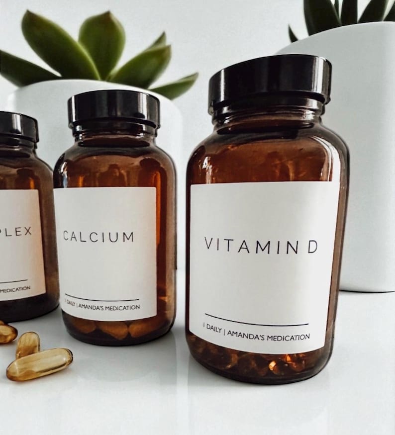 8 oz Glass Pill Bottles, Waterproof Labels, Amber or Clear Medicine Jars, Refillable, Apothecary Storage, Essential Oil Container