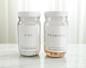 8 oz Glass Pill Bottles, Waterproof Labels| Amber or Clear Medicine Jars, Refillable, Apothecary Storage, Essential Oil Container