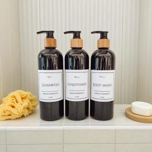 16 oz Slim Waterproof Shower Bottles with Bamboo Pump - Minimalist, Refillable Dispensers for Shampoo,Conditioner & Body Wash