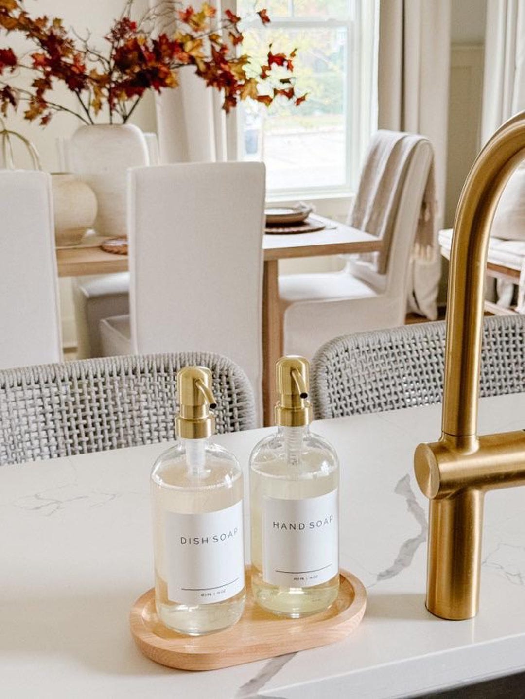 Glass Soap Dispensers with Pump 16 oz |Minimalist Refillable Hand Soap & Dish Soap Bottles with Waterproof Labels| Modern Kitchen Decor - Hands + dishes, clear&GoldMetal