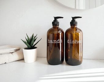 Glass Soap Dispensers with Pump 16 oz |Minimalist Refillable Hand Soap & Dish Soap Bottles with Waterproof Labels| Modern Kitchen Decor