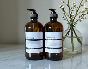 Glass Soap Dispensers with Pump 16 oz |Minimalist Refillable Hand Soap & Dish Soap Bottles with Waterproof Labels| Modern Kitchen Decor|Gift