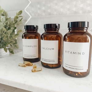 Amber Pill Bottle, waterproof labels Glass Pill Bottle, Vitamin Bottles, Amber Glass Jar, Vitamin Jar, Glass Food Storage | Gift
