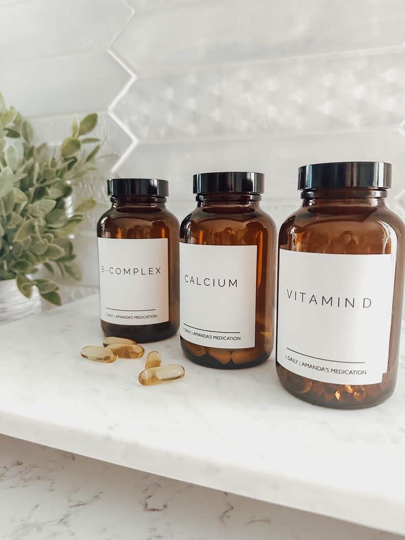 8 oz Glass Pill Bottles, Waterproof Labels, Amber or Clear Medicine Jars, Refillable, Apothecary Storage, Essential Oil Container