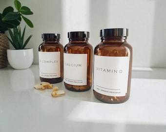 8 oz Glass Pill Bottles, Waterproof Labels, Amber or Clear Medicine Jars, Refillable, Apothecary Storage, Essential Oil Container