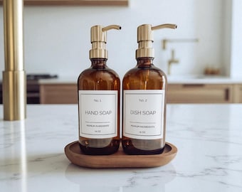 Glass Soap Dispensers with Pump 16 oz |Minimalist Refillable Hand Soap & Dish Soap Bottles with Waterproof Labels| Modern Kitchen Decor