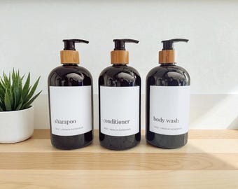 16 oz Waterproof Shower Bottles with Bamboo Pump - Minimalist, Refillable Dispensers for Hand & Dish Soap Dispenser| Personalized