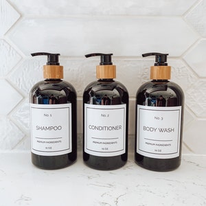 16 oz PLASTIC Black Shower bottle Set|Bamboo | Farmhouse Soap Dispenser| Farmhouse Kitchen Soap Dispenser Set |Waterproof Label | Gift