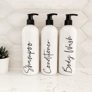White Shampoo/conditioner| Reusable | Waterproof labels|  | shower Bottle Set | Farmhouse Kitchen | Gift | Housewarming Gift | Refillable
