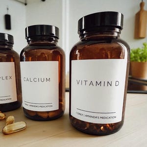 8 oz Glass Pill Bottles, Waterproof Labels, Amber or Clear Medicine Jars, Refillable, Apothecary Storage, Essential Oil Container