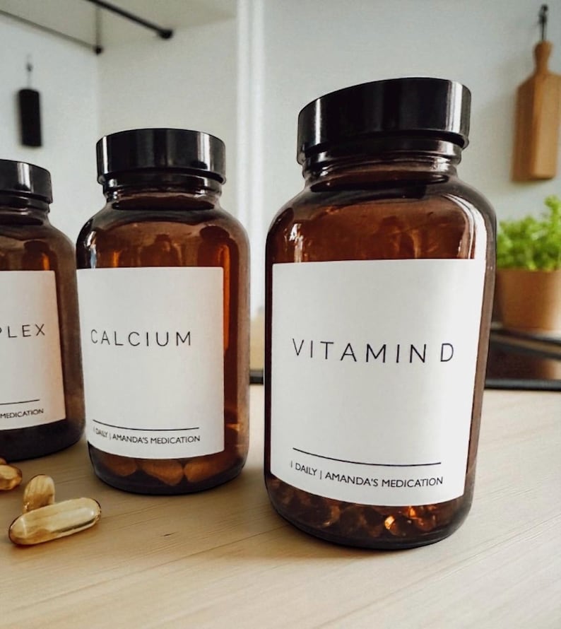 8 oz Glass Pill Bottles, Waterproof Labels, Amber or Clear Medicine Jars, Refillable, Apothecary Storage, Essential Oil Container