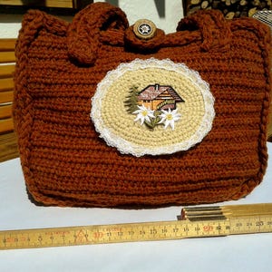 Crocheted traditional bag, dirndl bag, traditional bag Wiesn Oktoberfest, appliqué alpine hut deer fox tree house 35 x 25 x 8 cm, tote bag