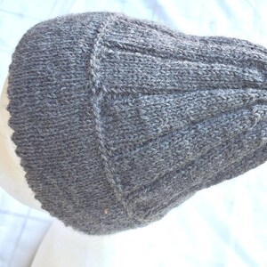 Traditional beanie knitted grey hat made of pure new wool with mouse-tooth edge, double-layered cuff, 51-55 cm head circumference