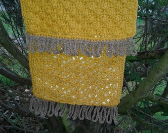 Bag crocheted mustard yellow, boho bag with fringes 33 x 20 x 2