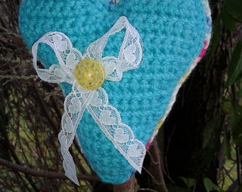 Crocheted heart, country house heart, crocheted heart turquoise with bow