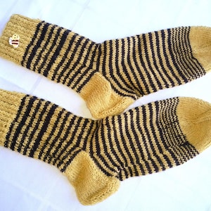 Bee socks hand-embroidered striped, bee socks with bee button size 39/40