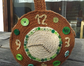 Crocheted handbag, crocheted bag with top handle with clock and clockwork