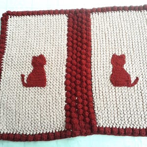 Carpet knitted bath carpet runner bed rug, 45 x 58 cm with cats crocheted knitted natural/ red recycled cotton