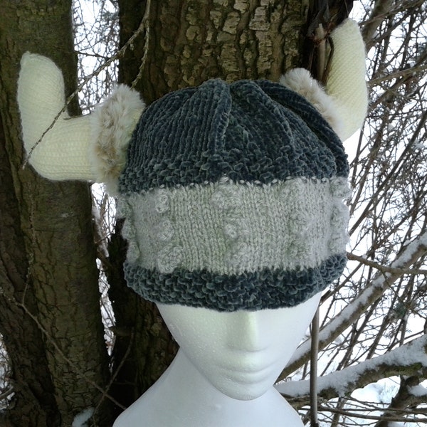 Viking helmet beanie knitted size 49-53 cm head circumference, chenille yarn