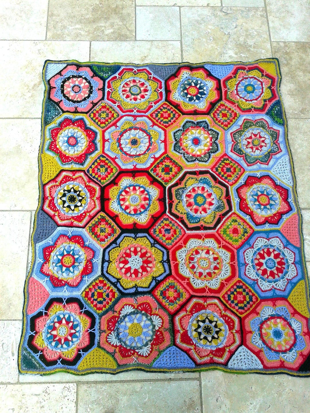 Persian Tile Blanket Hand-crocheted 105 X 130 Cm, Virgin Wool