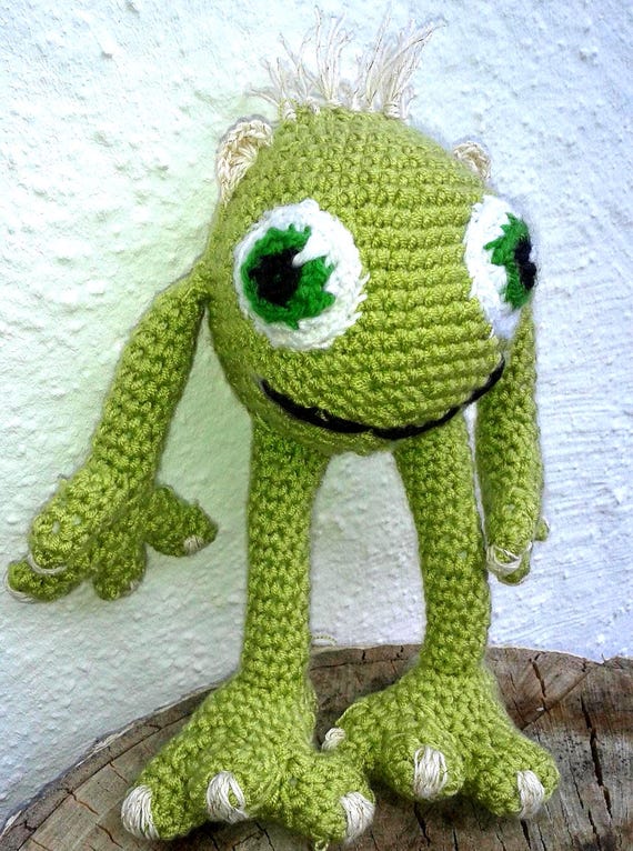Crocheted Monster, Mr. Müller the Friendly Monster, Made of Light Green  Microfiber Wool, 20 Cm High