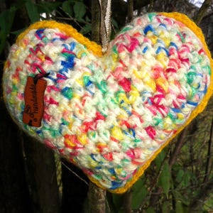 Heart crocheted, colorful, crocheted heart made of confetti yarn