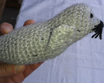 Crocheted seal 20 cm long from grey glitter yarn